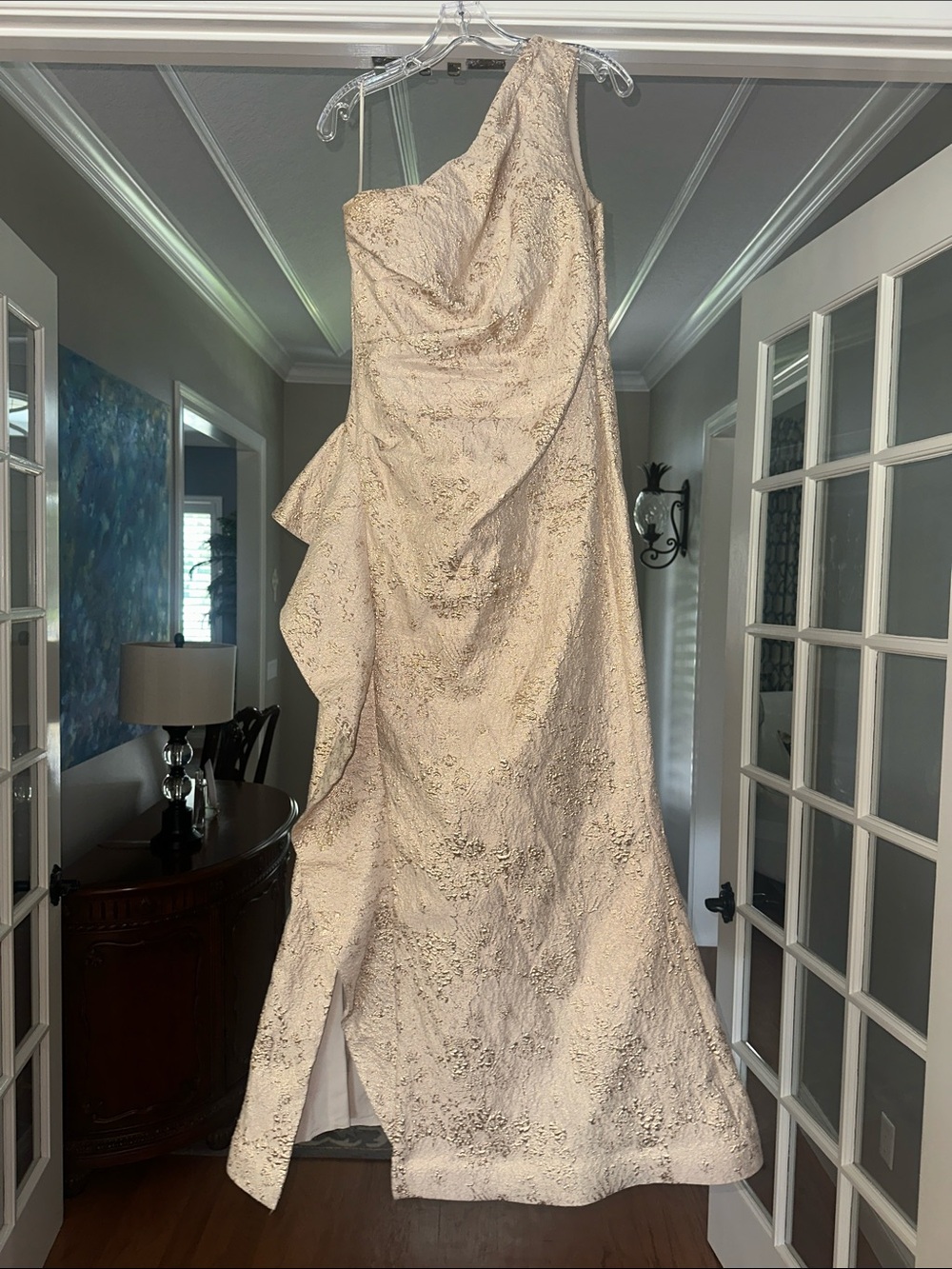 Teri Jon Metallic Jacquard One-Shoulder Gown